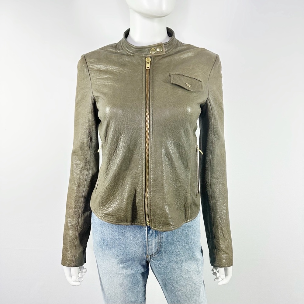 Theory Brown Lamb Leather Zip Up Moto Jacket Size S Silk Lining Casual Biker